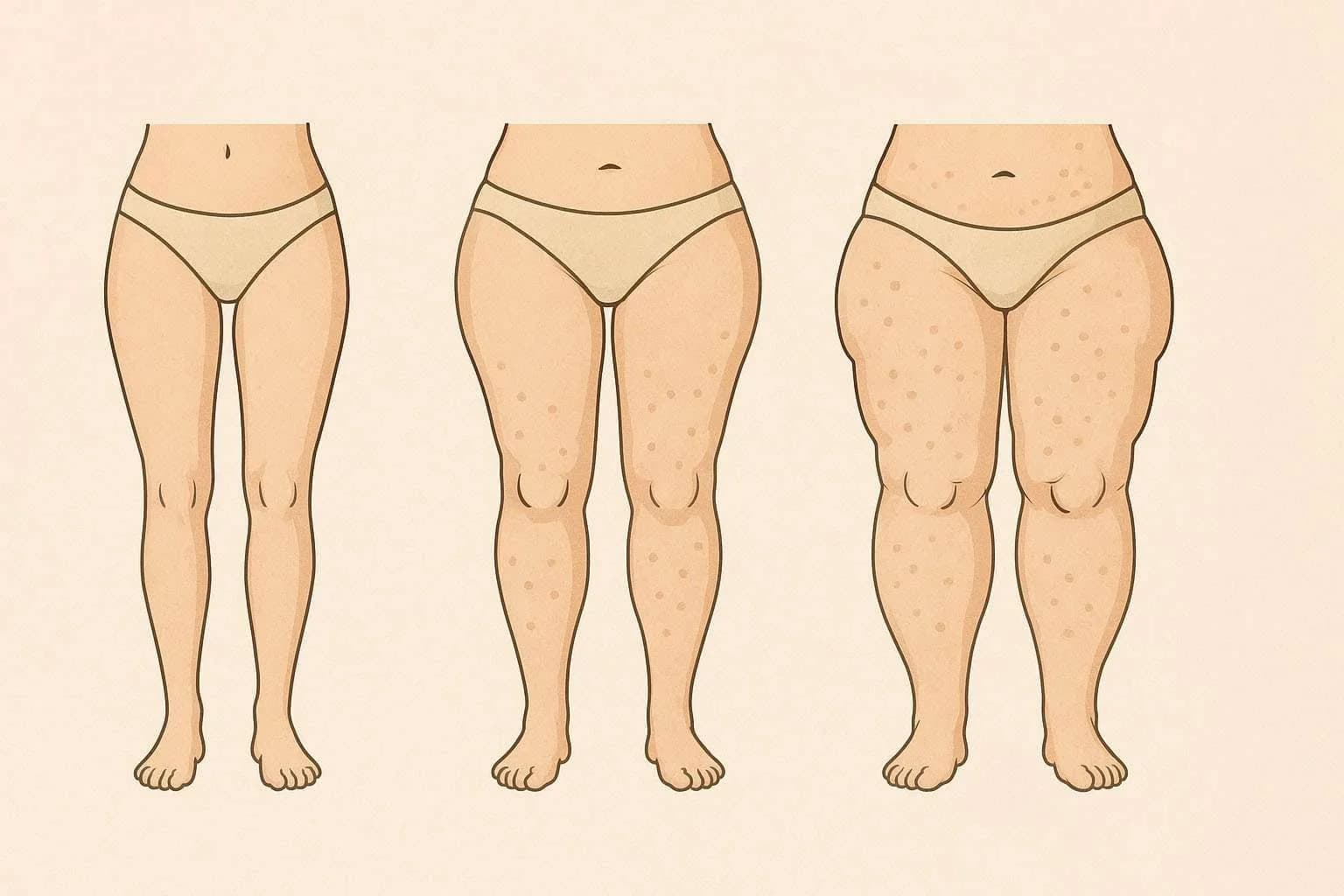 Illustration showing the anatomical progression of Lipedema in women’s legs, from a normal appearance to early and advanced stages. The image displays increasing fat accumulation, skin dimpling, and leg enlargement to visually represent the progression of this fat and connective tissue disorder.