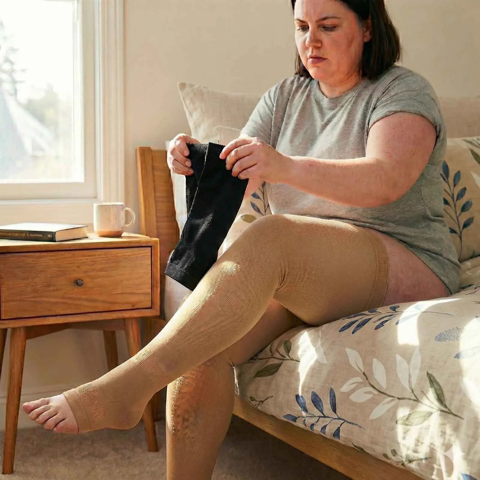 Compression lady in bedroom. layers
