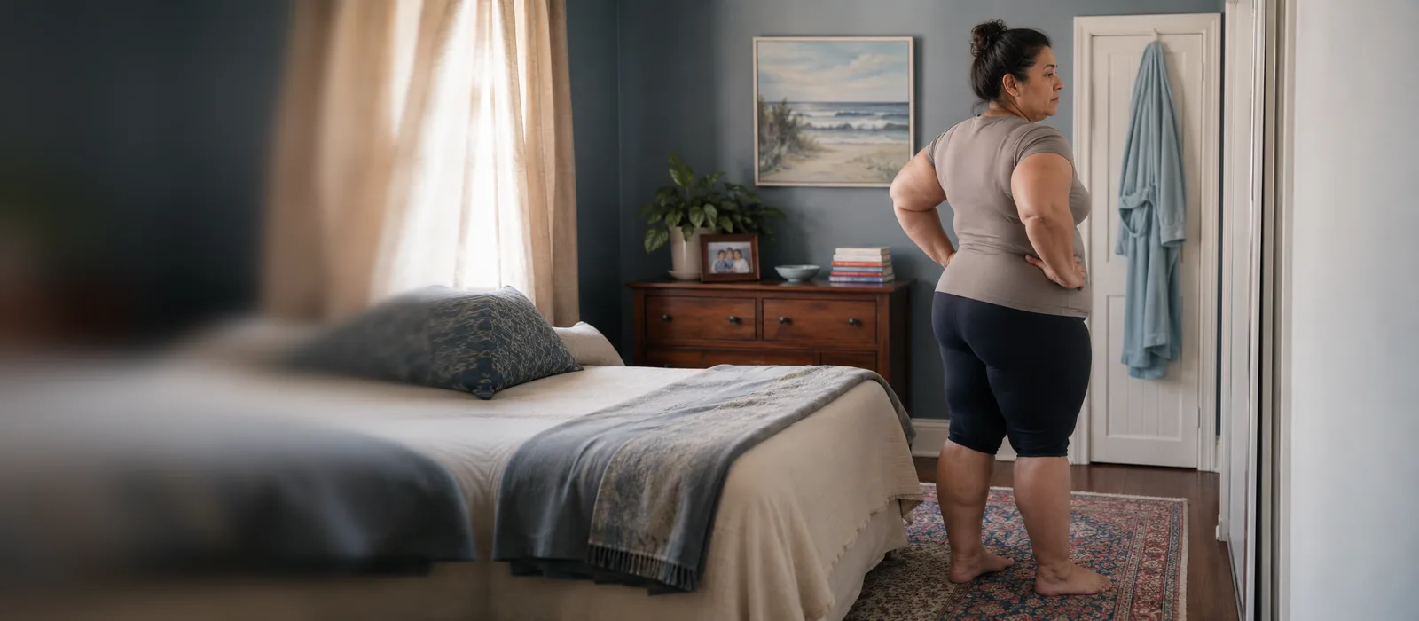 Woman standing at the foot of her bed in morning light, looking away in thought