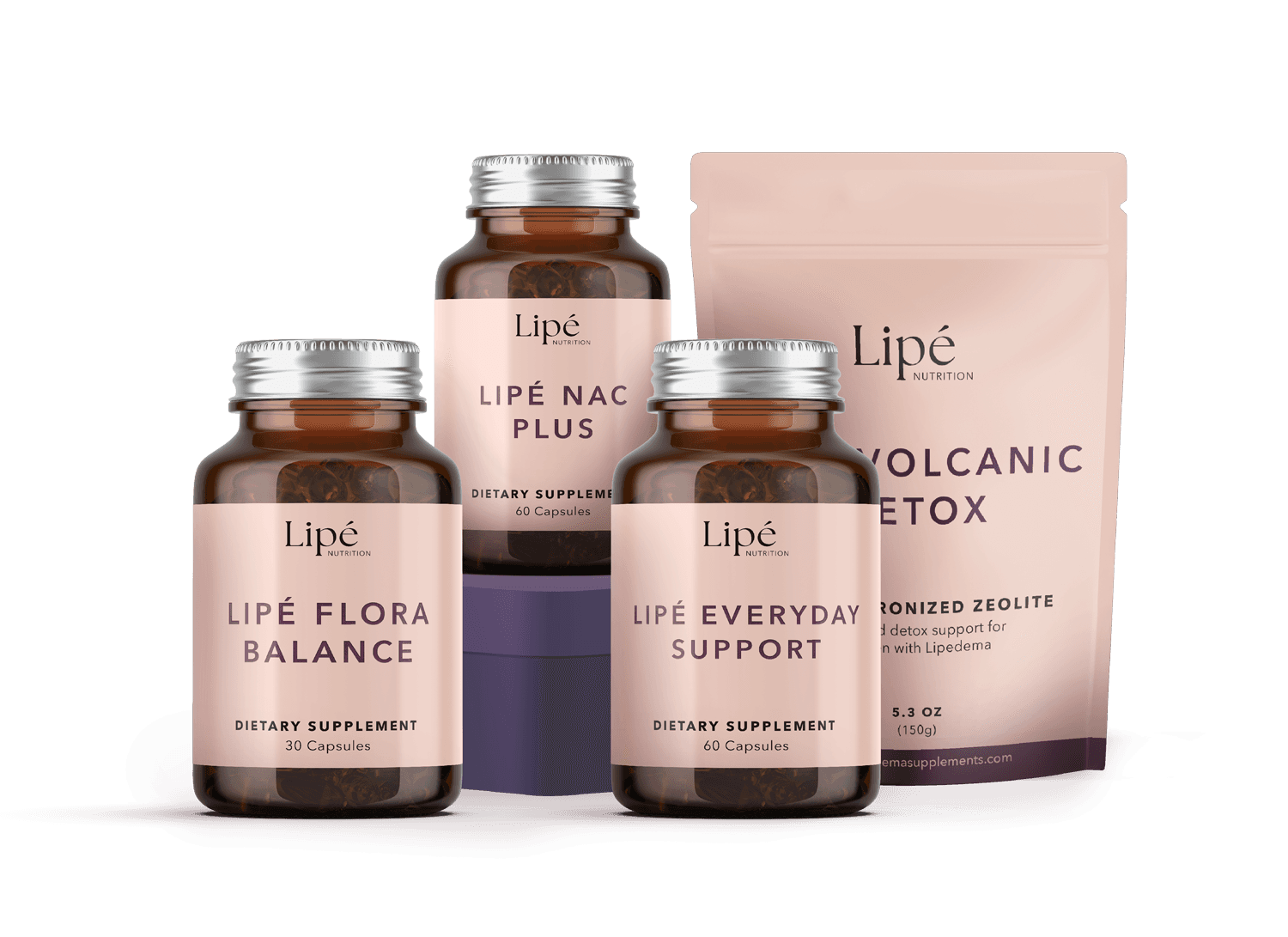 Lipé supplement range for lipedema — Volcanic Detox, NAC Plus, Flora Balance and Everyday Support