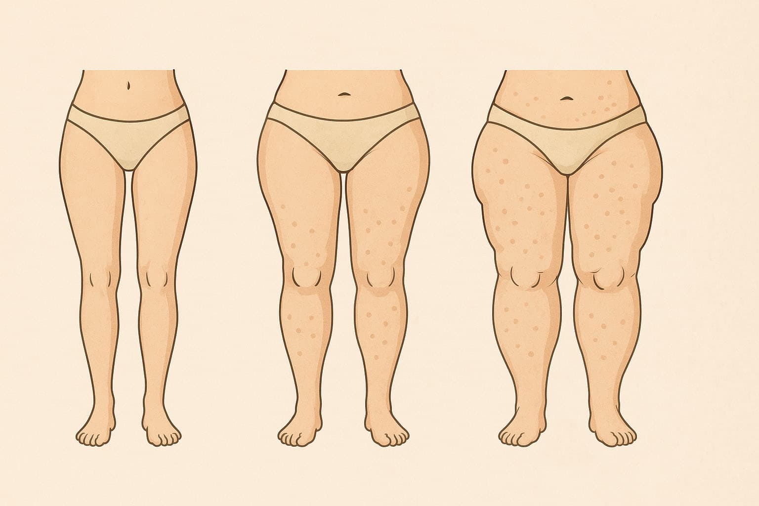 Anatomical diagram of lipedema progression through stages 1 to 3