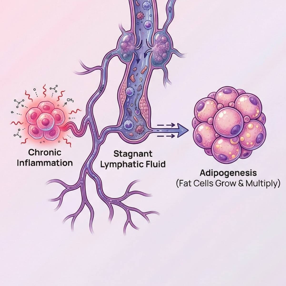 Diagram showing how inflammation and stagnant lymphatics drive adipogenesis in lipedema